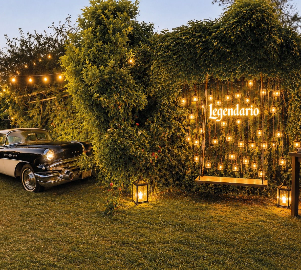 Render del photocall con coche clásico y columpio Legendario